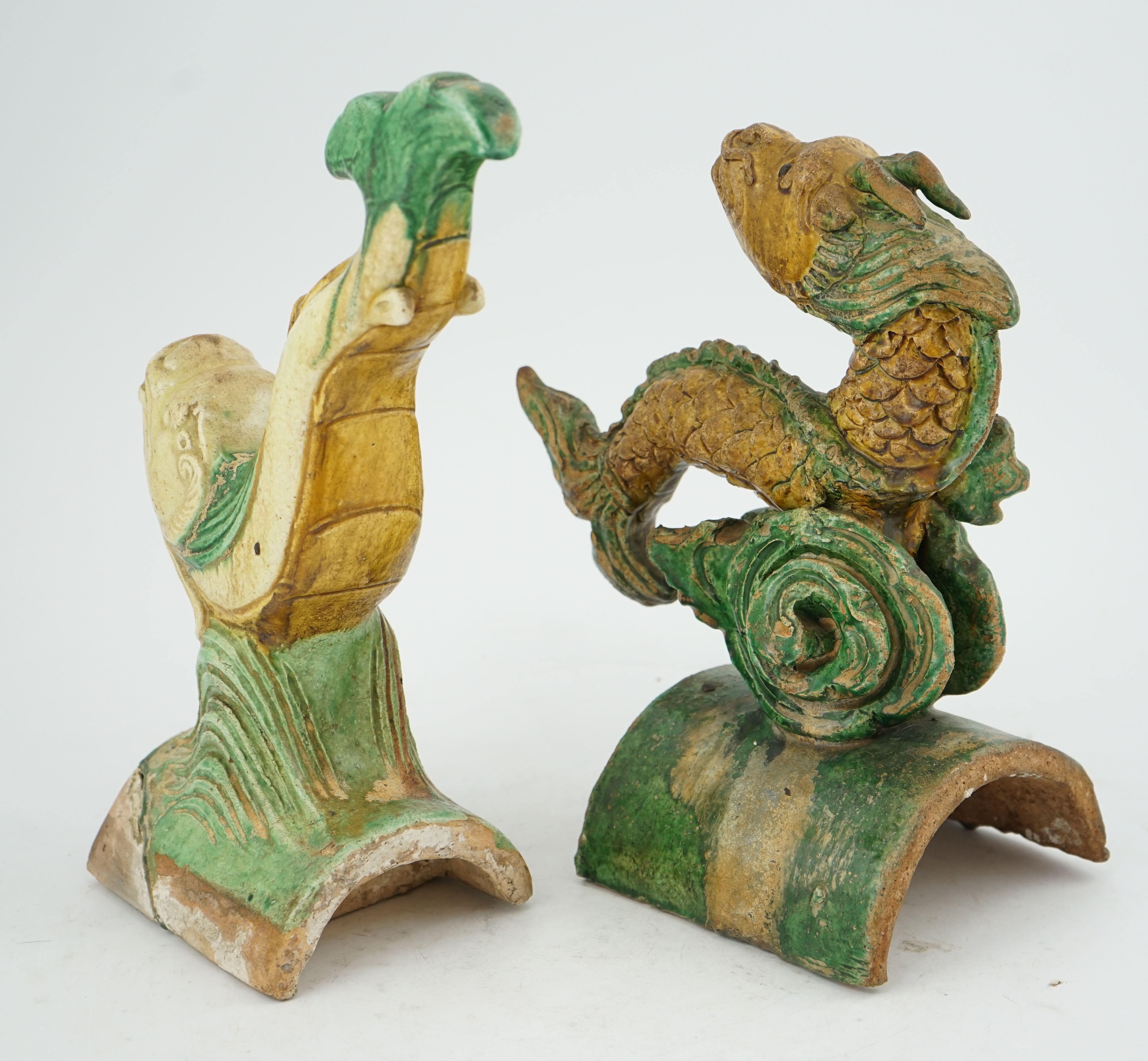 Two Chinese sancai ‘dragon-fish’ ridge tiles, Ming dynasty